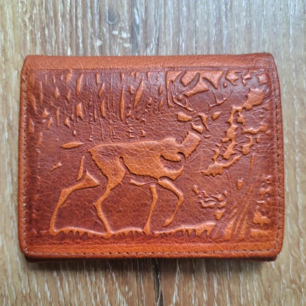 True Vintage Western John Weitz Wallet Tooled Leather 1960s/1970s Deer Trifold